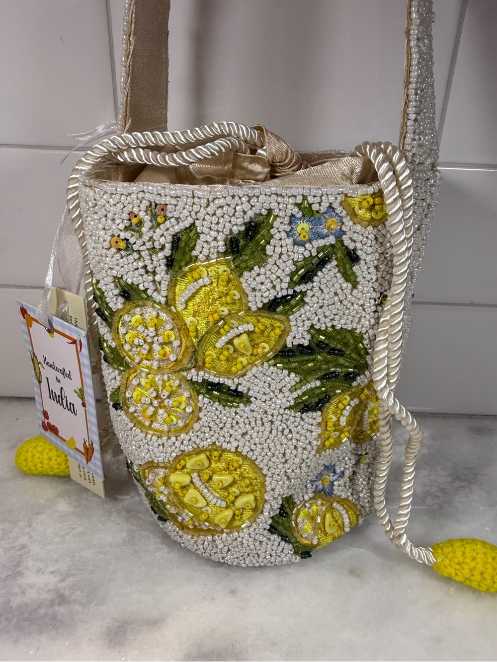 NEW RELEASE Made in India Lemon Bucket Drawstring Beaded Bag Viral TikTok NWT